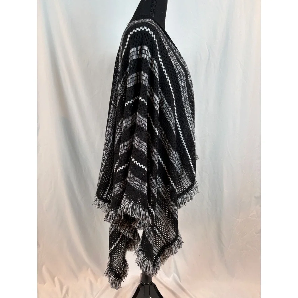 Black White Striped Open Front Knit Poncho Wrap Fringe Trim One Size Boho Cape